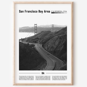 Cartel del área de la bahía de San Francisco en blanco y negro, impresión del área de la bahía de San Francisco en blanco y negro, arte de la pared del área de la bahía de San Francisco, cartel de viaje