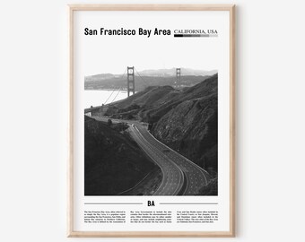 Cartel del área de la bahía de San Francisco en blanco y negro, impresión del área de la bahía de San Francisco en blanco y negro, arte de la pared del área de la bahía de San Francisco, cartel de viaje