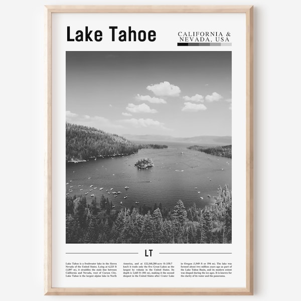 Poster Lake Tahoe noir et blanc, impression Lake Tahoe noir et blanc, art mural Lake Tahoe, impression de voyage minimale, affiche de voyage