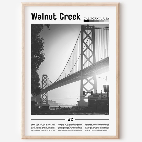 Affiche Walnut Creek en noir et blanc, impression Walnut Creek noir et blanc, art mural Walnut Creek, impression de voyage minimale, affiche de voyage