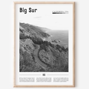 Big Sur Poster Schwarz Weiß, Big Sur Druck Schwarz Und Weiß, Big Sur Wandkunst, Minimal Travel Print, Reise Poster