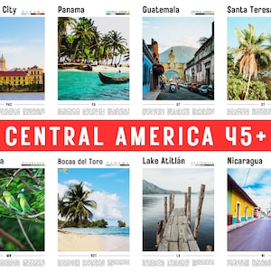 Más de 45 impresiones de viajes de paquetes de América Central, carteles de América Central, arte de la pared de América Central, carteles de la ciudad mínima, conjunto de galería de impresión de viajes