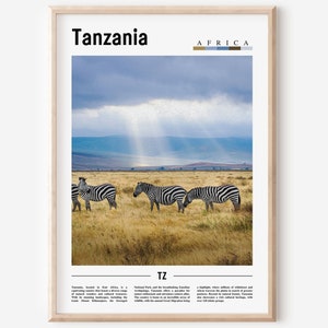 Cartaz da Tanzânia, impressão da Tanzânia, arte da parede da Tanzânia, impressão mínima de viagem, destino de viagem, pôster de pintura a óleo