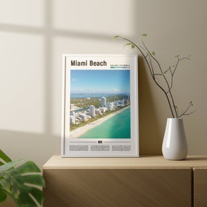 May include: A framed print of an aerial view of Miami Beach, Florida. The print features a blue sky, turquoise water, white sand, and tall buildings. The text "Miami Beach" and "Miami, Florida" are printed at the top of the print. The text "MB" is printed at the bottom of the print.