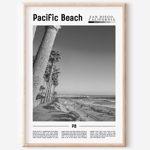 Pacific Beach Poster Black And White, Pacific Beach Print Black And White, Pacific Beach Wall Art, Minimal Travel Print, Travel Poster