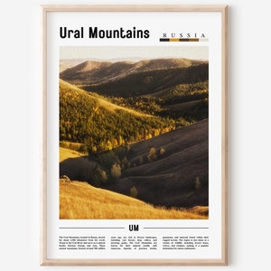 May include: A poster with a photograph of rolling hills in the Ural Mountains in Russia. The poster has the text "Ural Mountains" and "Russia" in black text at the top. The text "UM" is in the bottom right corner of the poster.