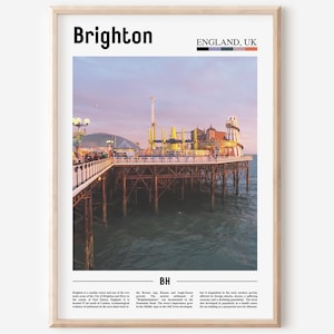 Puede incluir: Un muelle colorido se extiende sobre el océano al atardecer. El muelle está decorado con luces y una noria. El texto "Brighton, Inglaterra, Reino Unido" está en la parte superior de la imagen.