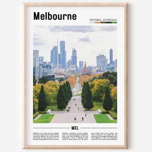 May include: A poster featuring a photograph of the Melbourne skyline, showcasing tall buildings and a park with trees. The poster has the text "Melbourne" in bold black lettering at the top and "VICTORIA, AUSTRALIA" in smaller lettering below. The poster also includes a colour palette with five colours.