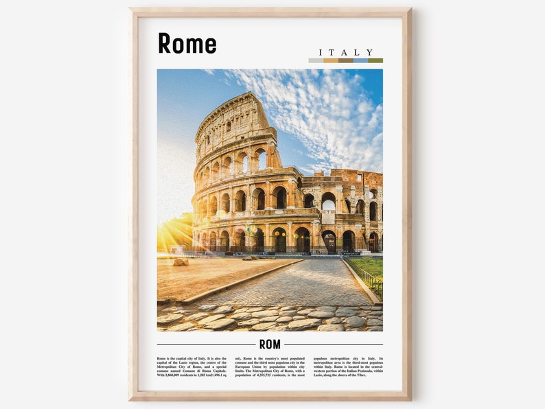 May include: A poster with a photograph of the Colosseum in Rome, Italy. The poster has the text "Rome" and "Italy" at the top and a color palette of brown, beige, and green at the top right. The text "ROM" is at the bottom of the poster.