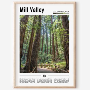 May include: A poster with a minimalist design featuring a photograph of a forest path lined with tall redwood trees. The poster has the text "Mill Valley, California, USA" and "MV" in a bold, sans-serif font.