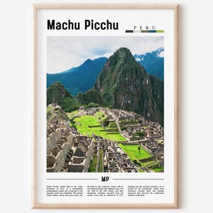 May include: A poster with a photo of Machu Picchu, an ancient Incan city in Peru. The poster has the text "Machu Picchu" and "PERU" in black text at the top. The poster also has the text "MP" in the center.