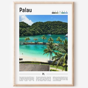 May include: A travel poster featuring a photograph of a tropical island with a white sandy beach and turquoise water. The poster has the word "Palau" in bold black lettering at the top and the word "OCEANIA" in smaller black lettering below. The poster also includes a colour palette of green, blue, and brown.