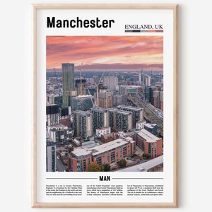 May include: An aerial view of the Manchester skyline at sunset. The city is filled with modern buildings and a vibrant cityscape. The text "Manchester, England, UK" and "MAN" are visible at the top and bottom of the image.