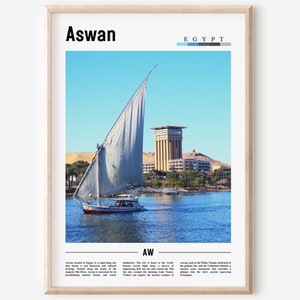 Cartel de Asuán, Impresión de Asuán, Arte de la pared de Asuán, Impresión de viaje mínima, Destino de viaje, Cartel de pintura al óleo