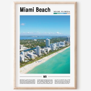 May include: An aerial view of Miami Beach, Florida. The image shows a cityscape with tall buildings and a long stretch of white sand beach with turquoise water. The text "Miami Beach" and "Miami, Florida" is at the top of the image.