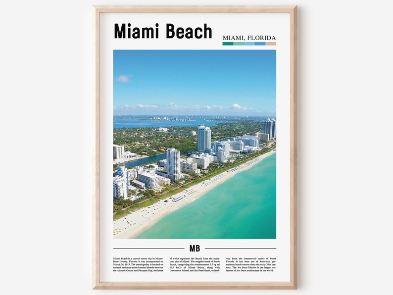 May include: An aerial view of Miami Beach, Florida. The image shows a cityscape with tall buildings and a long stretch of white sand beach with turquoise water. The text "Miami Beach" and "Miami, Florida" is at the top of the image.