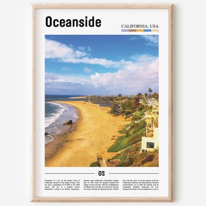 Könnte beinhalten: Ein Poster mit einem Foto eines Strandes in Oceanside, Kalifornien, USA. Das Poster enthält den Text "Oceanside" und "OS" in schwarzer Schrift. Das Poster hat außerdem eine Farbpalette aus Blau, Braun, Gelb und Hellblau.