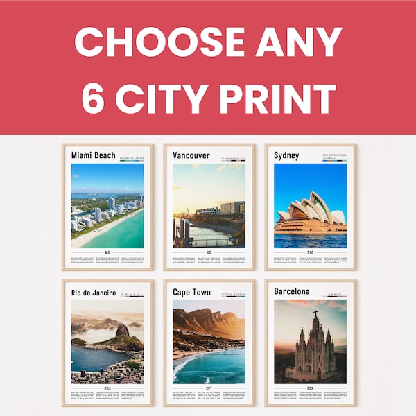 Set Of 6 Travel Print, Set Of 6 City Print, Vintage Travel Print, Travel Retro Poster Set Of 6, Gallery Set Of 6 Print