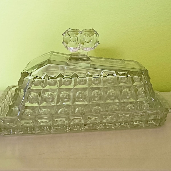 Vintage clear glass butter dish with lid, vintage glass. Container for butter or cheese from the last century, made in Italy -gift for her