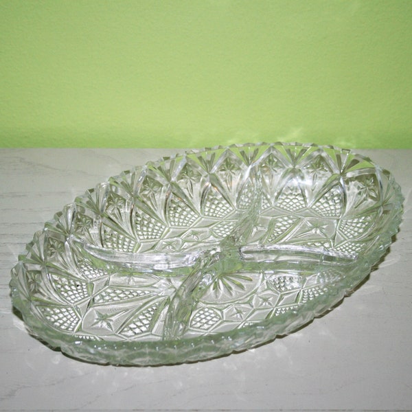 Italian vintage patterned glass antipasto olive appetizer / snack dish / condiment dish with 4 different compartments -gift for her