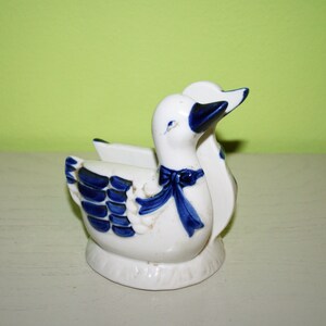 Vintage Napkin Holder in duck shape - White and blue pottery - shabby vintage- Goose, Napkin Holder -gift for her -