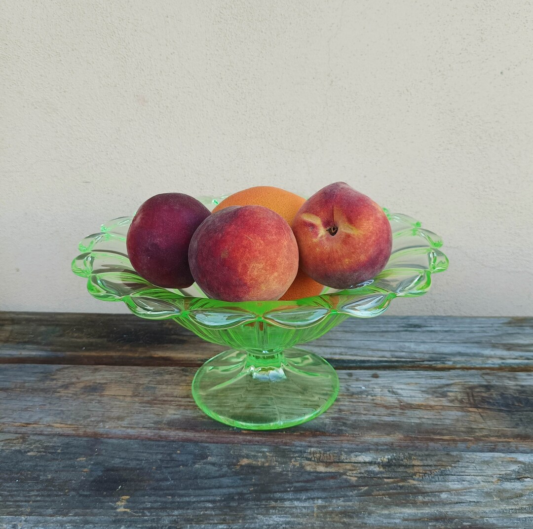 Vintage Glass Fruit Bowl. Candy Holder. Green Bowl With Pedestal. Table