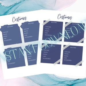 May include: A printable checklist for costumes with the title "Costumes" at the top of the page. The checklist is divided into eight sections, each with the heading "Routine". Each section has a list of items to check off, including "Costume", "Tights", "Shoes", "Hair", and "Accessories".