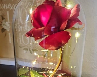 Eternal Rose with Real Touch Rose and Fairy Lights sealed in a glass dome. Fairytale Enchanted Rose. Perfect Centerpiece for YOUR occasions.