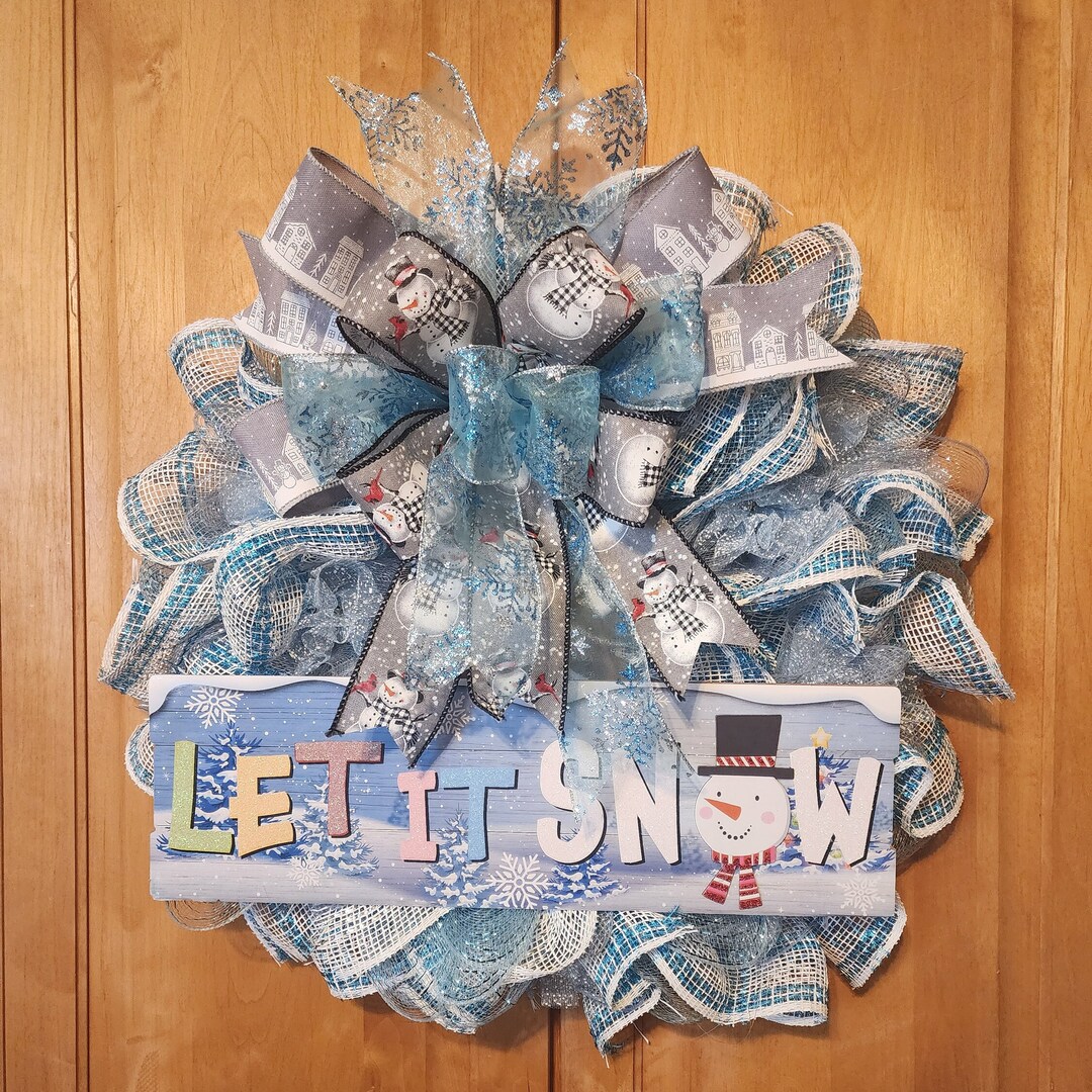 Winter Snowman Wreath With Deco Mesh and Sign Saying Let It Snow. Large ...