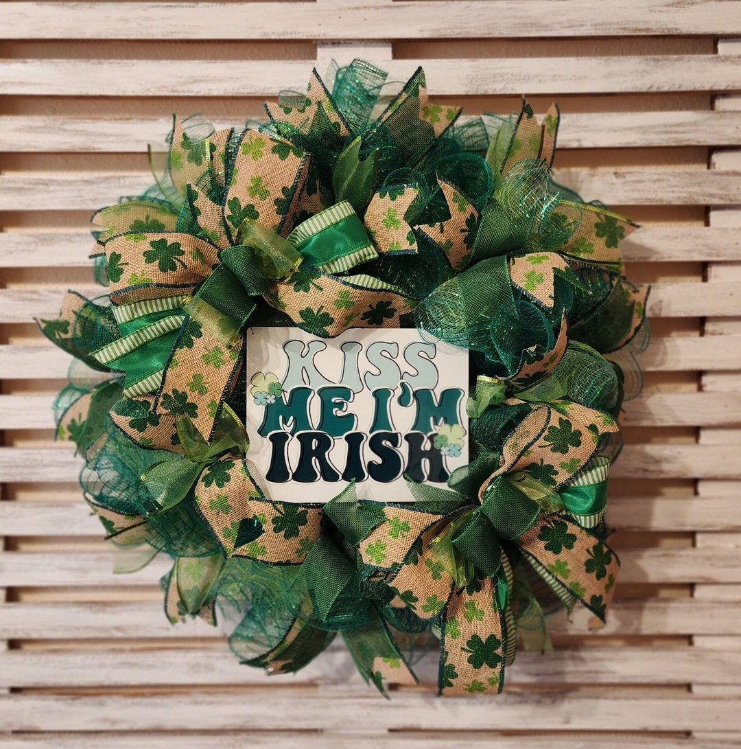 Kiss Me I'm Irish Wreath, Irish Shamrock Wreath With Burlap, Irish