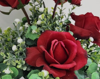 Realistic Dark Red Rose Flower Arrangement, faux flower centerpiece with Real Touch artificial roses with eucalyptus and flowered boxwood.