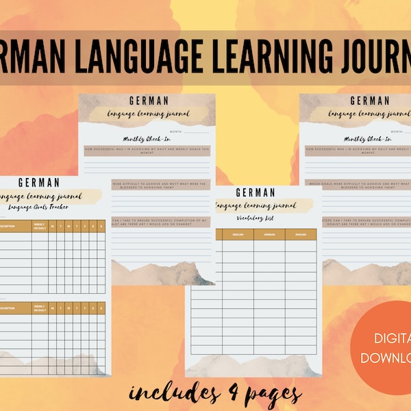 German Language Learning Journal Log | A4, A5, A6 PDF digital printable download | Language Goals, Monthly Check-In, Vocabulary Lists