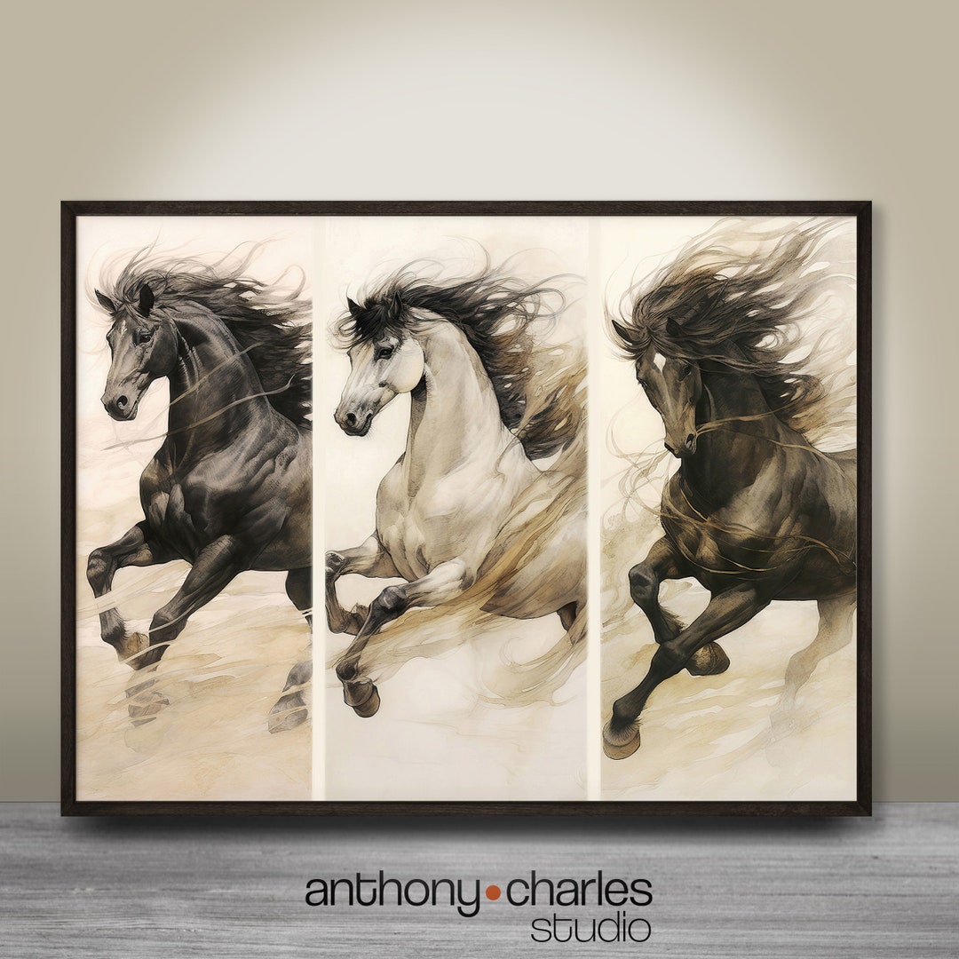 Three Galloping Horses Wall Art Neutral Colors Equine Lover Etsy