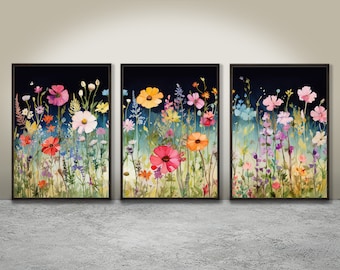 Floral Watercolor Print Set of 3, Wildflower Field Wall Art, Printable Colorful Flower artwork on a dark background, Digital Download