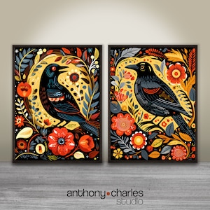 Colorful black raven set of two prints, folk art style background, gift for crow or bird lover, digital download