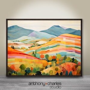 Puede incluir: Una pintura abstracta de paisaje colorida con un mosaico de tonos azules, verdes, amarillos, naranjas y rojos. La pintura representa una cordillera con colinas y valles ondulados. La obra está enmarcada en un marco de madera oscura.