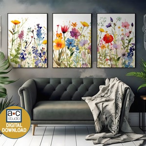 Colorful Wildflower Art Set of 3, Watercolor Flowers, Bright Floral ...