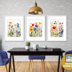 Colorful Wildflower Art Set of 3, Watercolor Flowers, Bright Floral ...