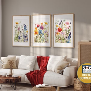 Colorful Wildflower Art Set of 3, Watercolor Flowers, Bright Floral ...