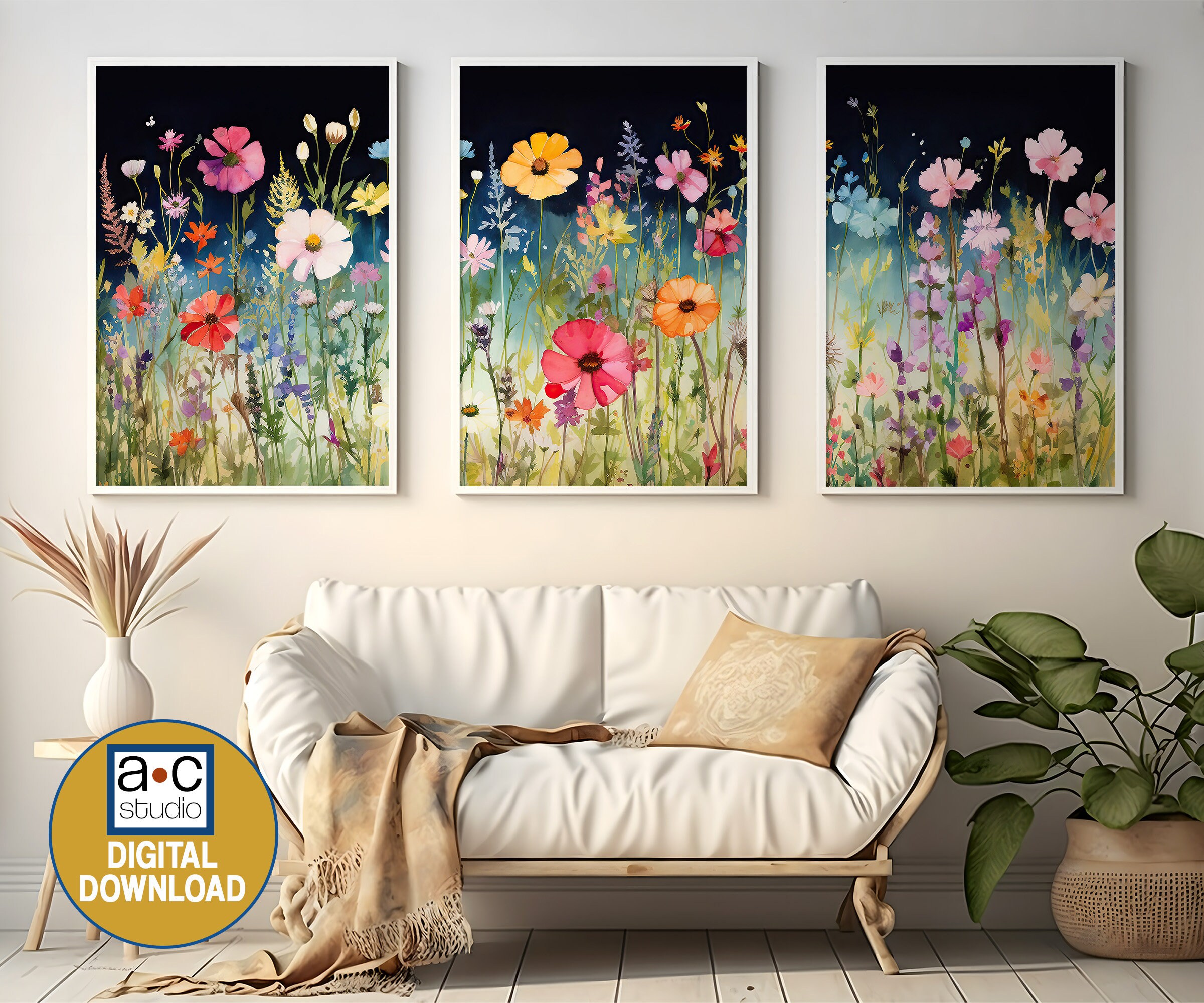 Floral Watercolor Print Set of 3 Wildflower Field Wall Art - Etsy