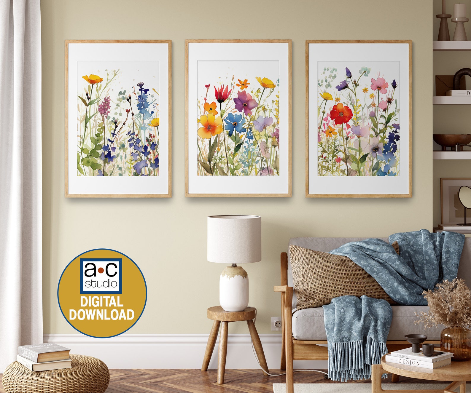Colorful Wildflower Art Set of 3, Watercolor Flowers, Bright Floral ...