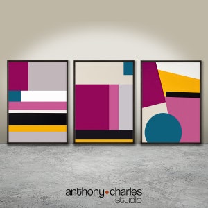 Modern geometric wall art, set of 3 prints, contemporary art decor, magenta, teal blue, golden yellow, abstract art design, digital download