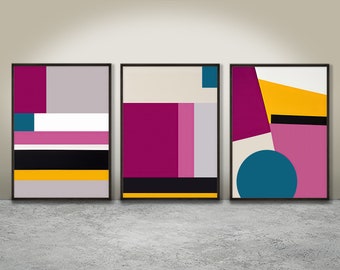 Arte de pared geométrico moderno, conjunto de 3 grabados, decoración de arte contemporáneo, magenta, azul verde azulado, amarillo dorado, diseño de arte abstracto, descarga digital