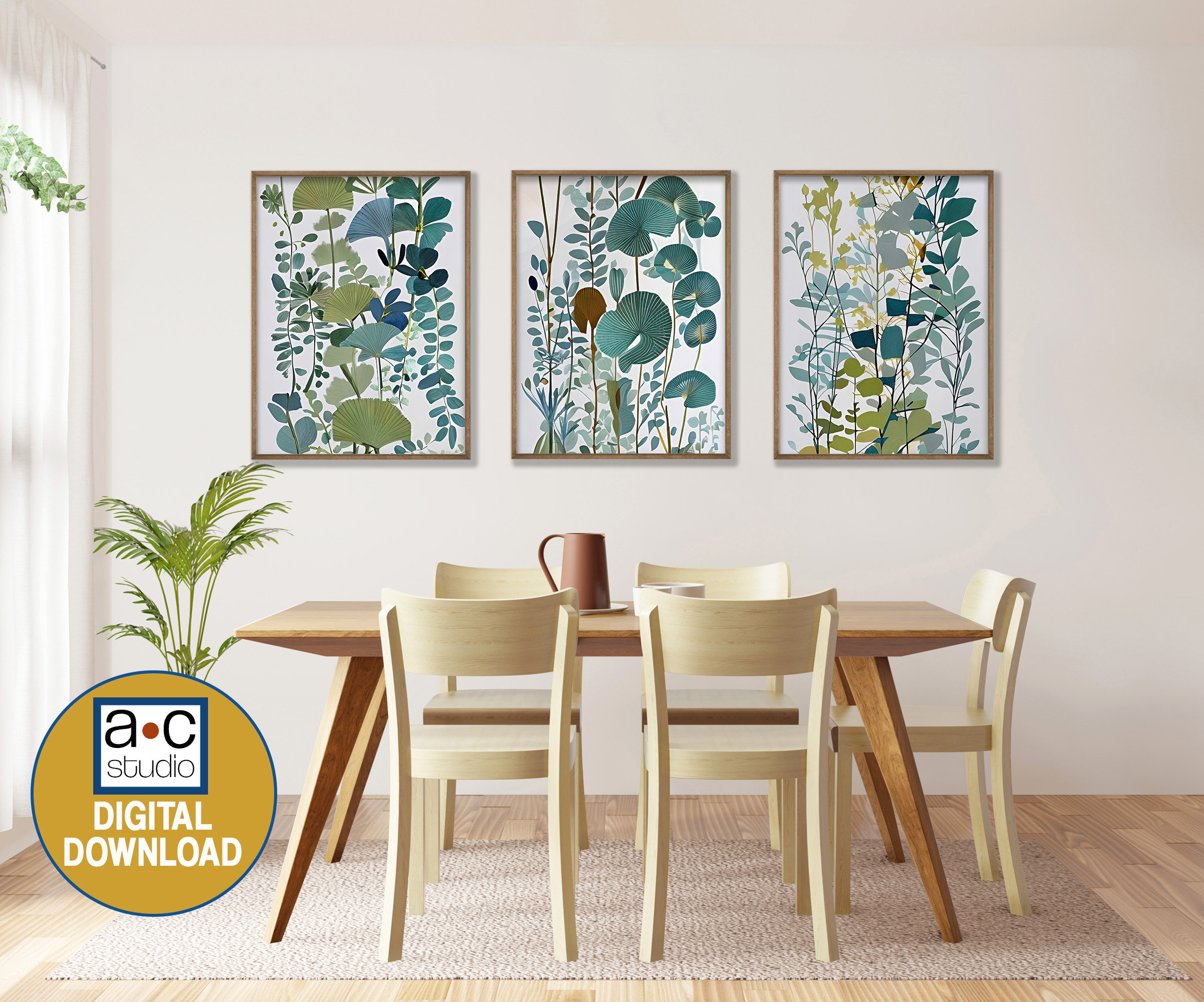 Abstract Blue-green Botanical Printable Wall Art, Set of 3 Prints ...