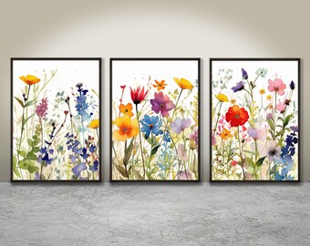 Kleurrijke Wildflower Art Set van 3, aquarelbloemen, heldere bloemenprints, digitale download, lichte achtergrond, afdrukbare bloemaquarellen