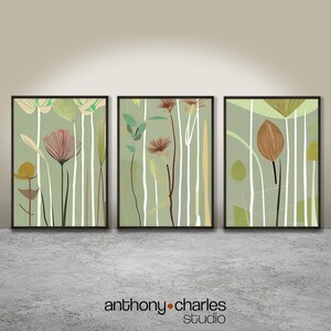 Colorful wildflowers printable wall art in sage green, set of 3, Boho style decor, botanical watercolor, abstract floral, digital download