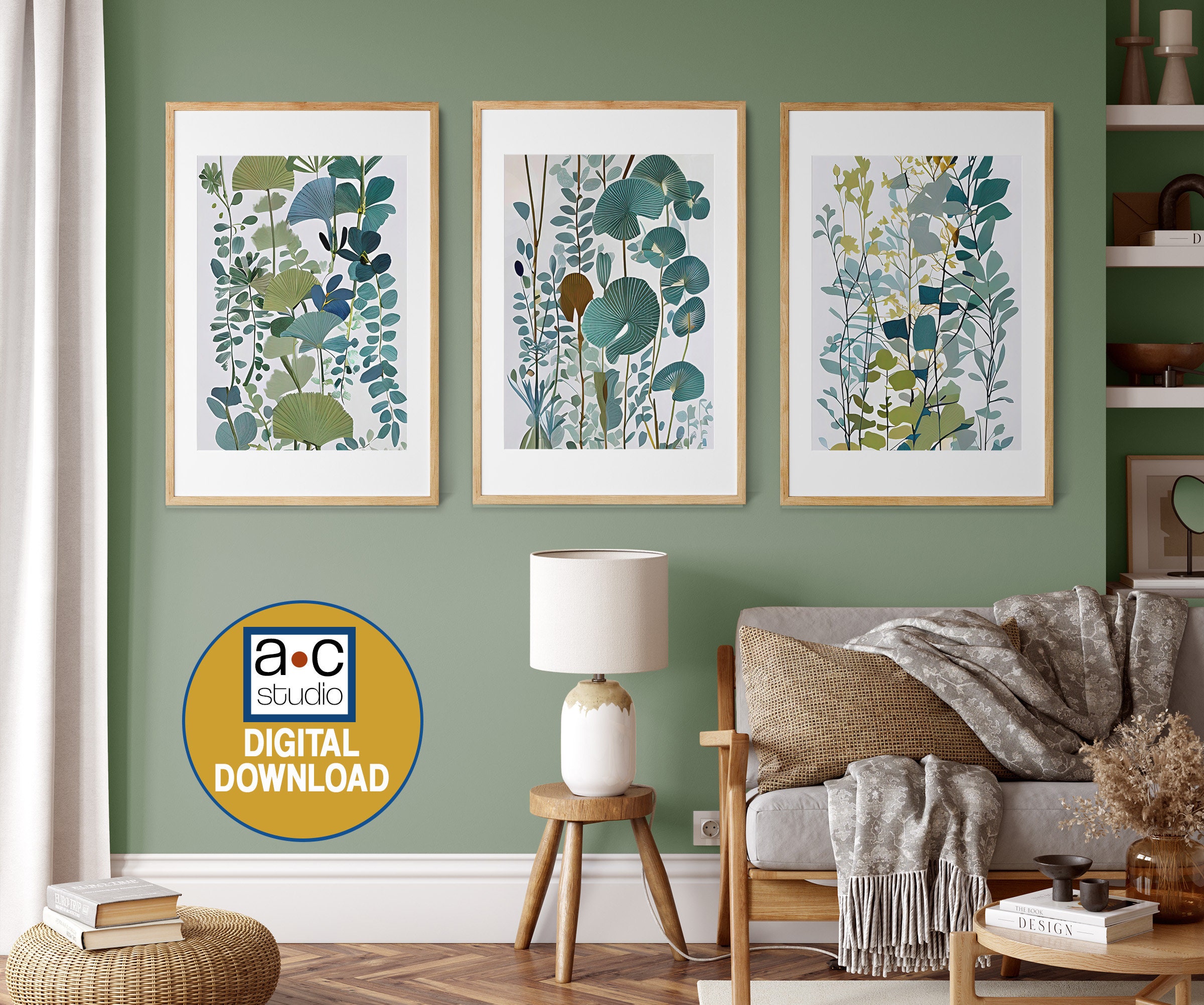 Abstract Blue-green Botanical Printable Wall Art, Set of 3 Prints ...