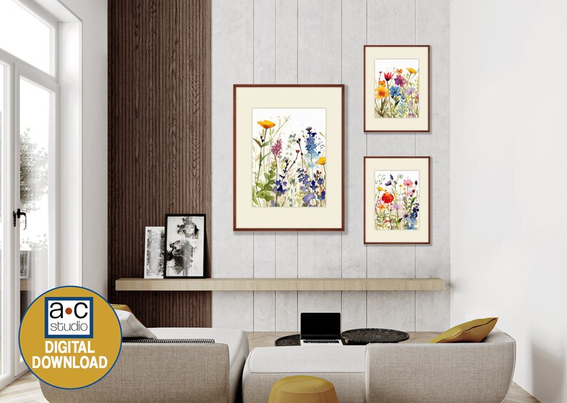 Colorful Wildflower Art Set of 3, Watercolor Flowers, Bright Floral ...