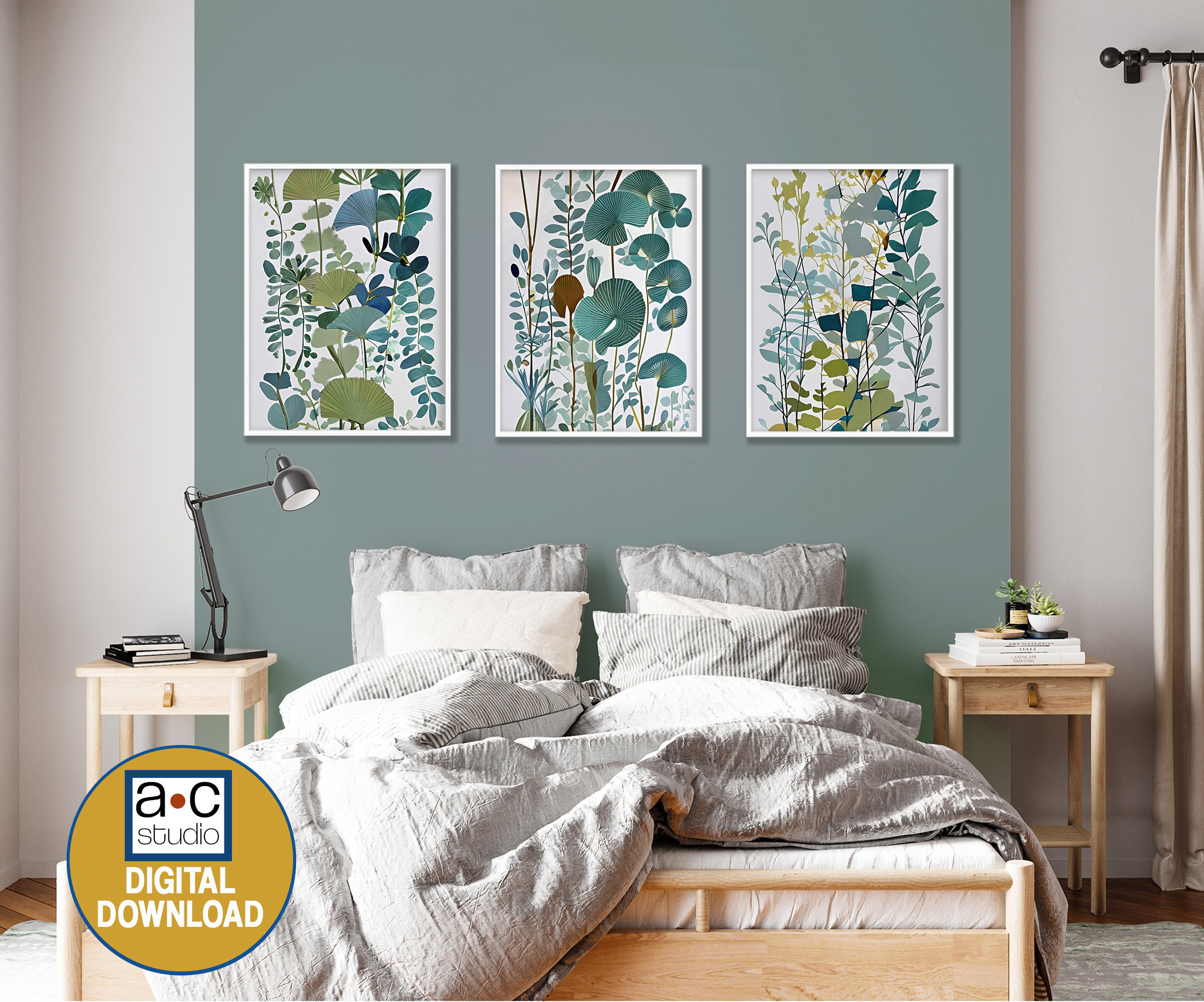 Abstract Blue-green Botanical Printable Wall Art, Set of 3 Prints ...