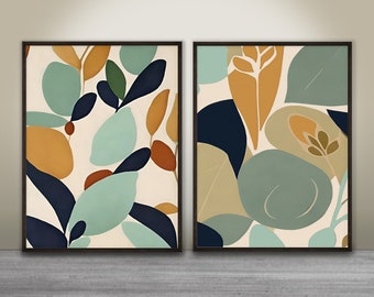 Boho chic modern botanical 2 piece wall art printable done in earth tone colors with sage green, minimalist leaves design, digital download